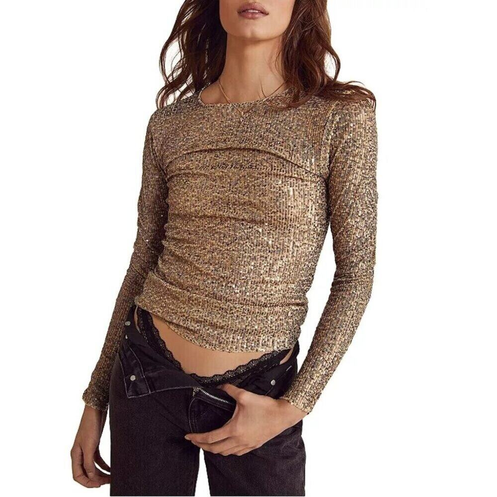 Metallic Gold Long Sleeve Sequin Top - Women's Tee